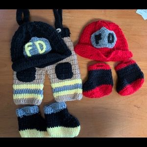 Knitted newborn firefighter outfit